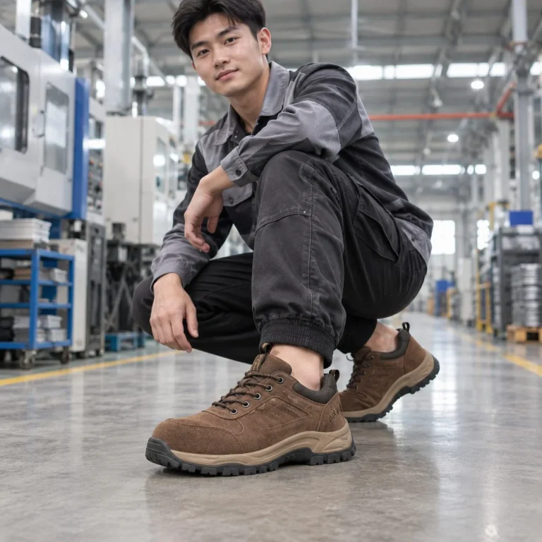 Giày bảo hộ dáng thể thao đế liền khối da lộn màu nâu chống trượt trên người mẫu Việt Nam
