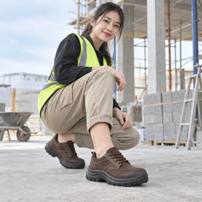 Giày bảo hộ cổ thấp đế liền khối vải kỹ thuật màu nâu chống đinh trên người mẫu Việt Nam