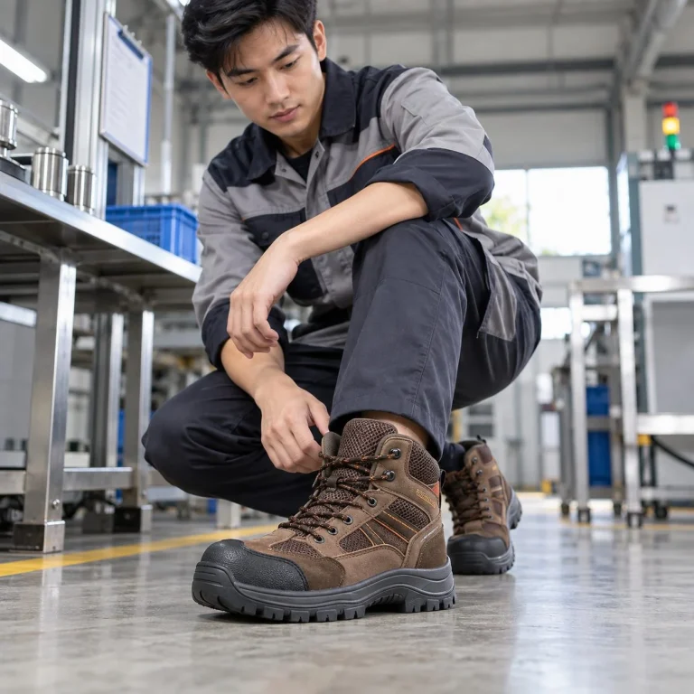 Giày bảo hộ cổ cao phối lưới thoáng vải kỹ thuật màu nâu chống đinh trên người mẫu Việt Nam