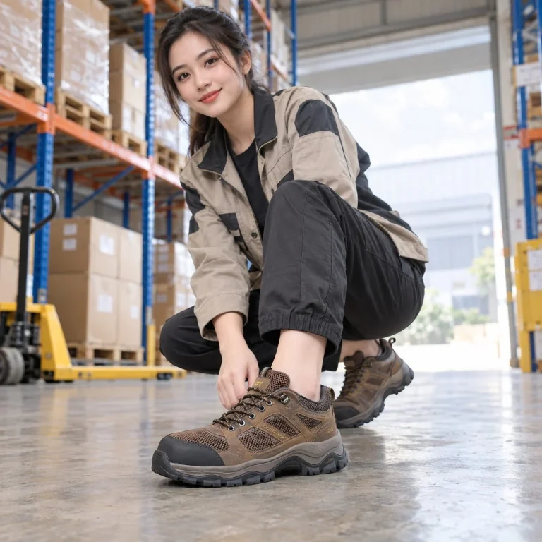 Giày bảo hộ dáng thể thao phối lưới thoáng vải kỹ thuật màu nâu chống đinh trên người mẫu Việt Nam