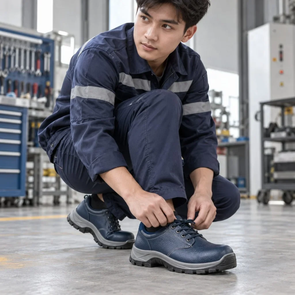 Giày bảo hộ cổ thấp ôm chân da microfiber màu xanh navy chống tĩnh điện trên người mẫu Việt Nam