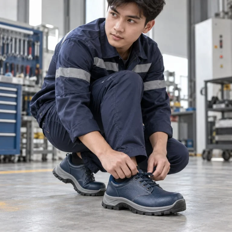 Giày bảo hộ cổ thấp ôm chân da microfiber màu xanh navy chống tĩnh điện trên người mẫu Việt Nam