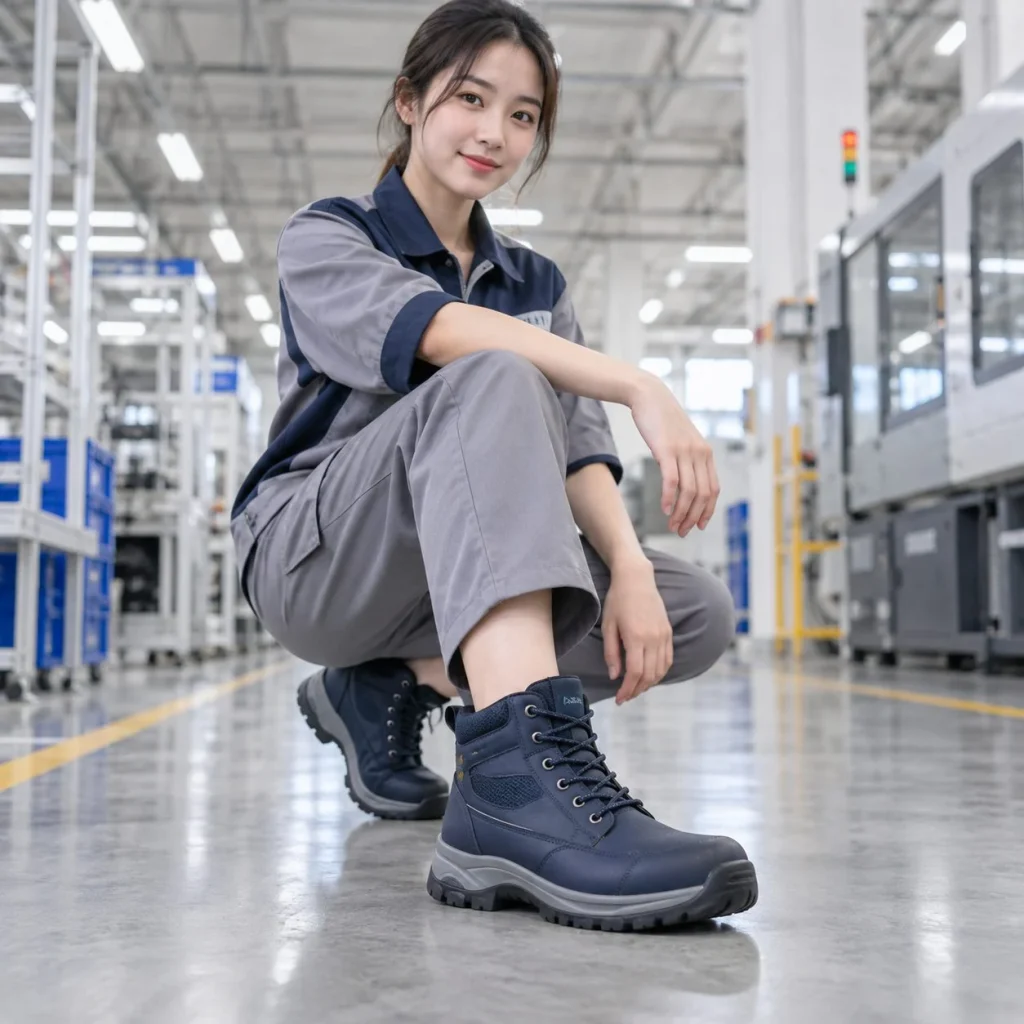 Giày bảo hộ cổ cao ôm chân da microfiber màu xanh navy chống tĩnh điện trên người mẫu Việt Nam