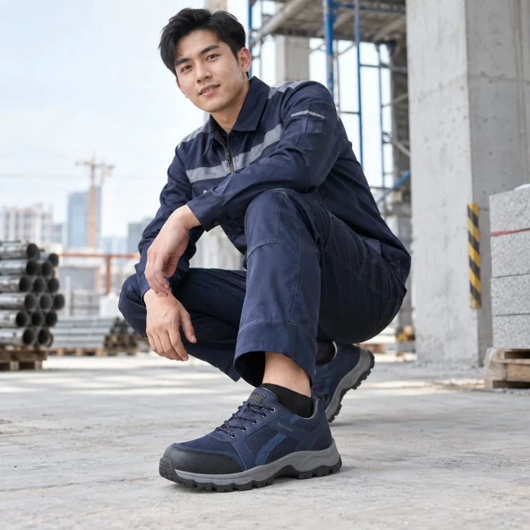 Giày bảo hộ dáng thể thao đế liền khối da microfiber màu xanh navy chống tĩnh điện trên người mẫu Việt Nam