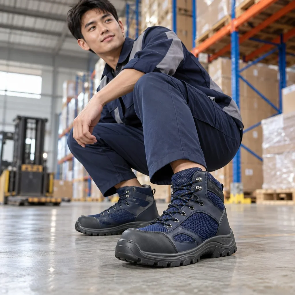 Giày bảo hộ cổ cao phối lưới thoáng da tổng hợp màu xanh navy chịu dầu trên người mẫu Việt Nam