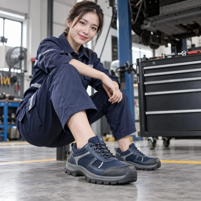 Giày bảo hộ dáng thể thao phối lưới thoáng da tổng hợp màu xanh navy chịu dầu trên người mẫu Việt Nam