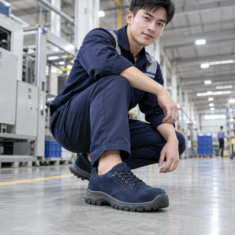 Giày bảo hộ cổ thấp ôm chân da lộn màu xanh navy đi ca dài trên người mẫu Việt Nam