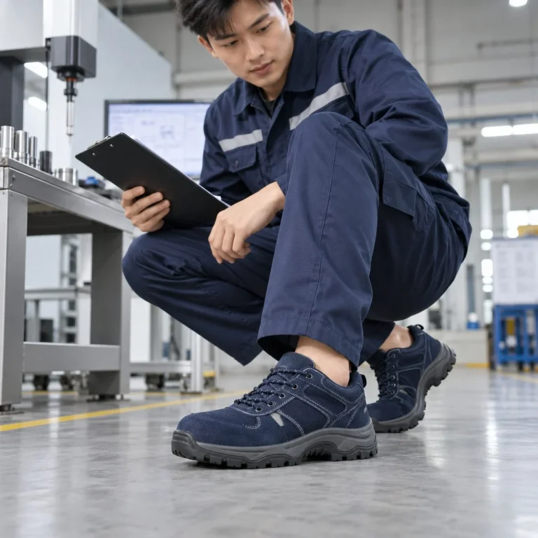 Giày bảo hộ dáng thể thao đế liền khối da lộn màu xanh navy đi ca dài trên người mẫu Việt Nam