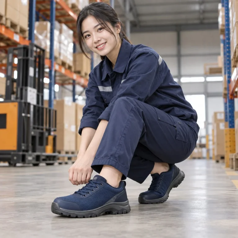 Giày bảo hộ cổ thấp đế liền khối vải kỹ thuật màu xanh navy chống trượt trên người mẫu Việt Nam