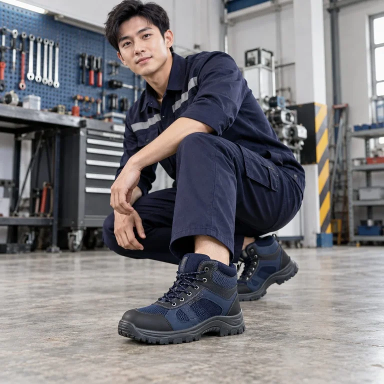 Giày bảo hộ cổ cao phối lưới thoáng vải kỹ thuật màu xanh navy chống trượt trên người mẫu Việt Nam