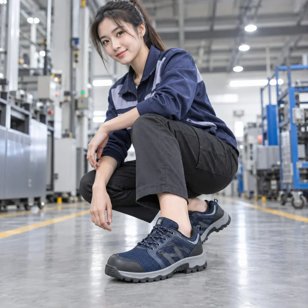 Giày bảo hộ dáng thể thao phối lưới thoáng vải kỹ thuật màu xanh navy chống trượt trên người mẫu Việt Nam