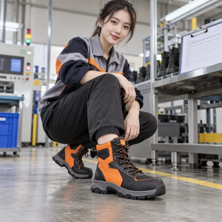 Giày bảo hộ cổ cao ôm chân da microfiber màu cam phối đen chống đinh trên người mẫu Việt Nam