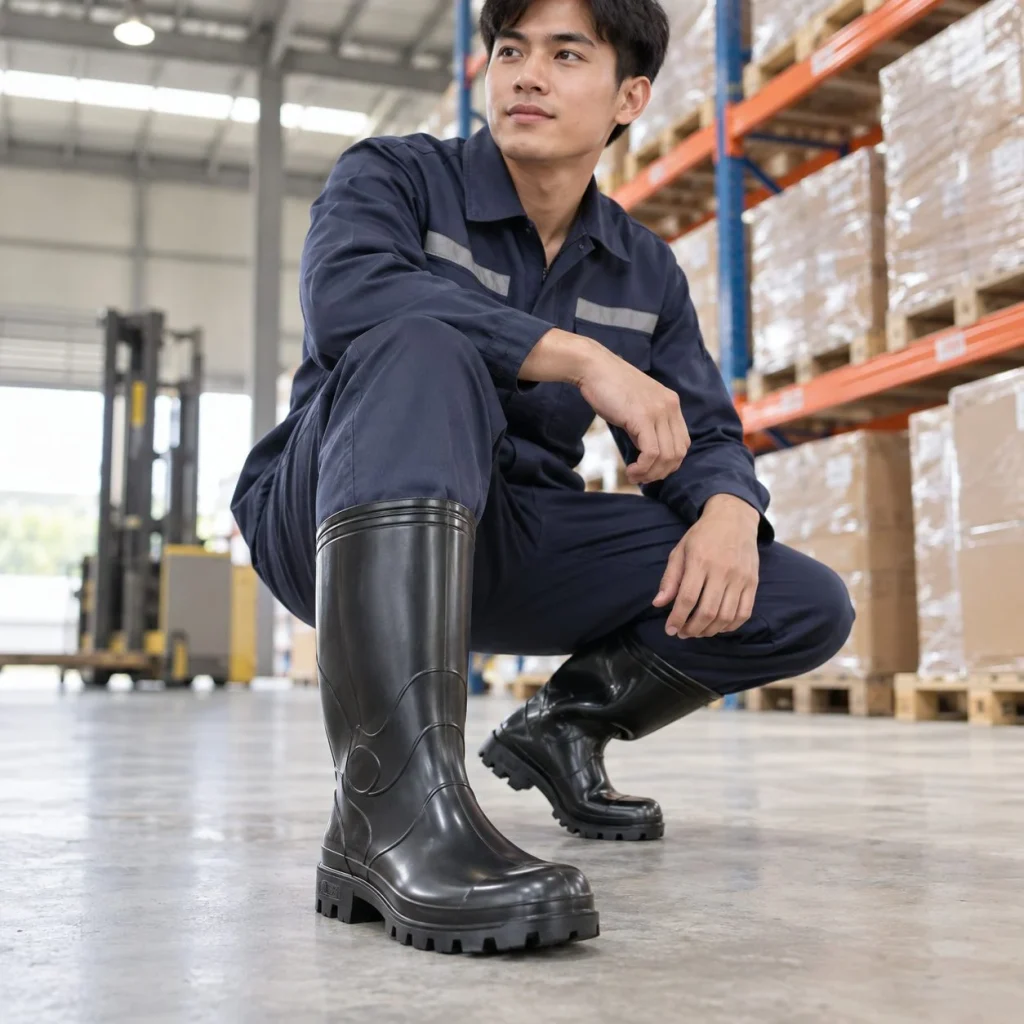 Ủng bảo hộ cổ cao đế rãnh sâu cao su tự nhiên màu đen chống trượt trên người mẫu Việt Nam