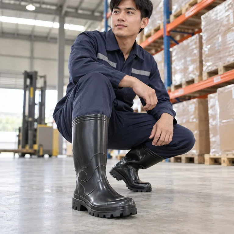 Ủng bảo hộ cổ cao đế rãnh sâu cao su tự nhiên màu đen chống trượt trên người mẫu Việt Nam