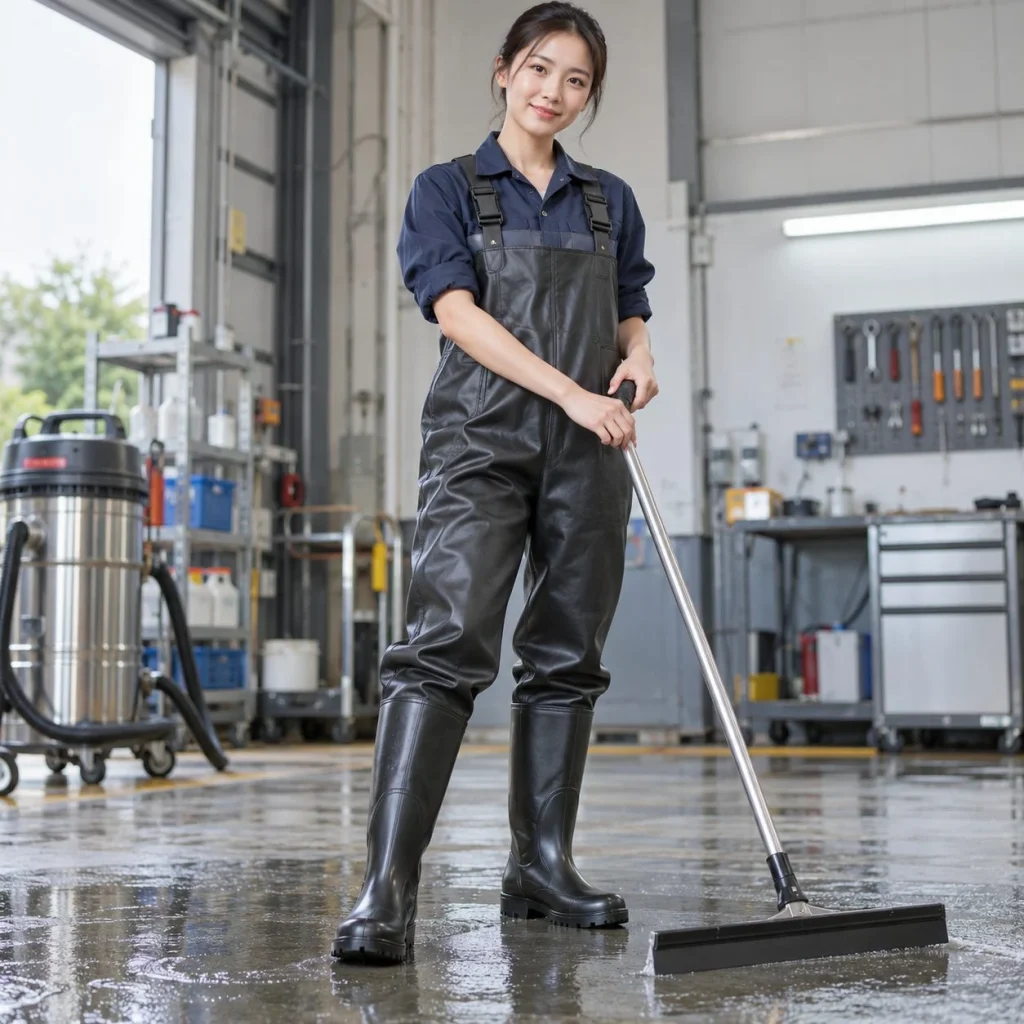 Ủng bảo hộ lội nước thân liền chống thấm cao su tự nhiên màu đen vệ sinh công nghiệp trên người mẫu Việt Nam