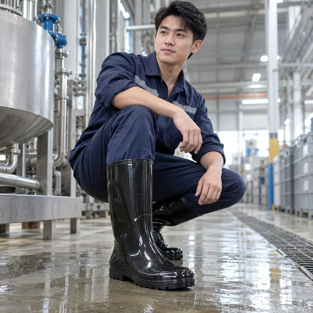 Ủng bảo hộ cổ cao thân liền chống thấm nhựa PVC dẻo màu đen dùng trong môi trường ẩm trên người mẫu Việt Nam