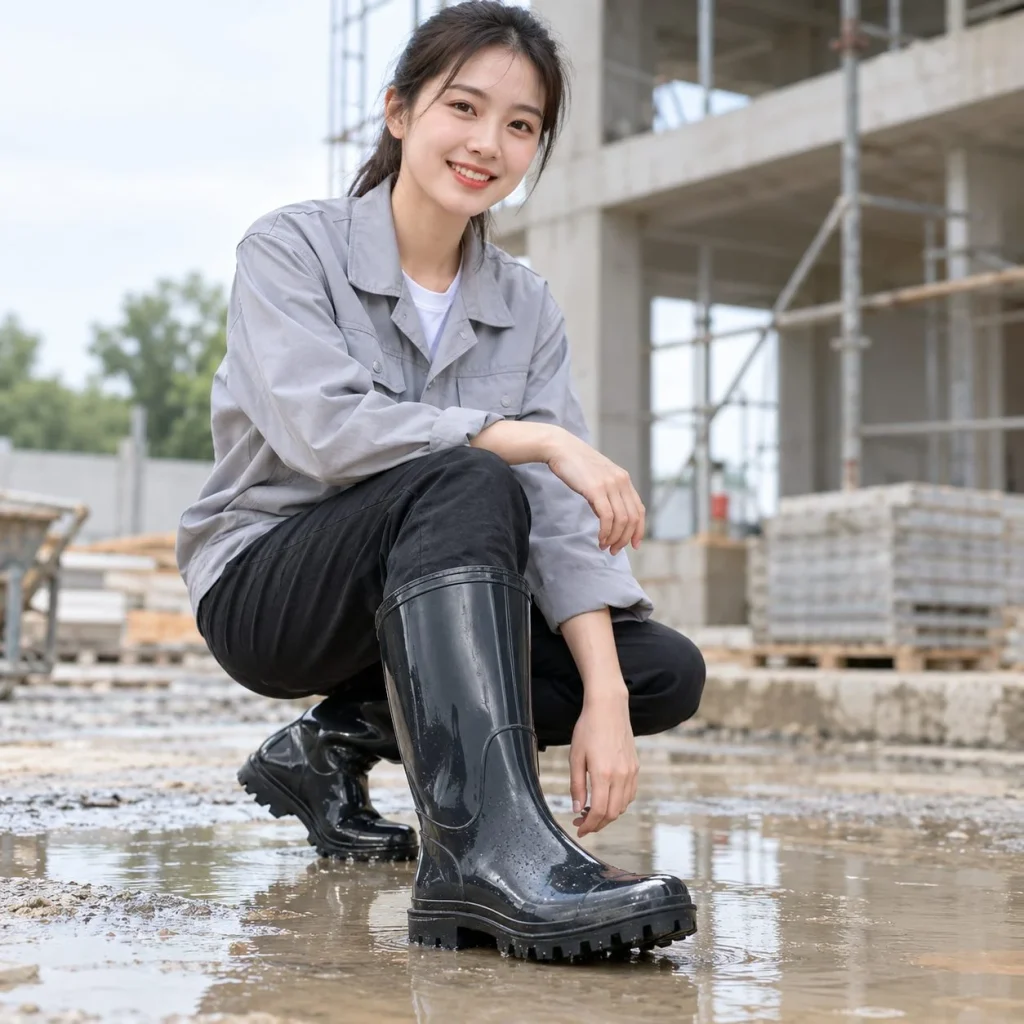 Ủng bảo hộ lội nước đế rãnh sâu nhựa PVC dẻo màu đen dùng trong môi trường ẩm trên người mẫu Việt Nam