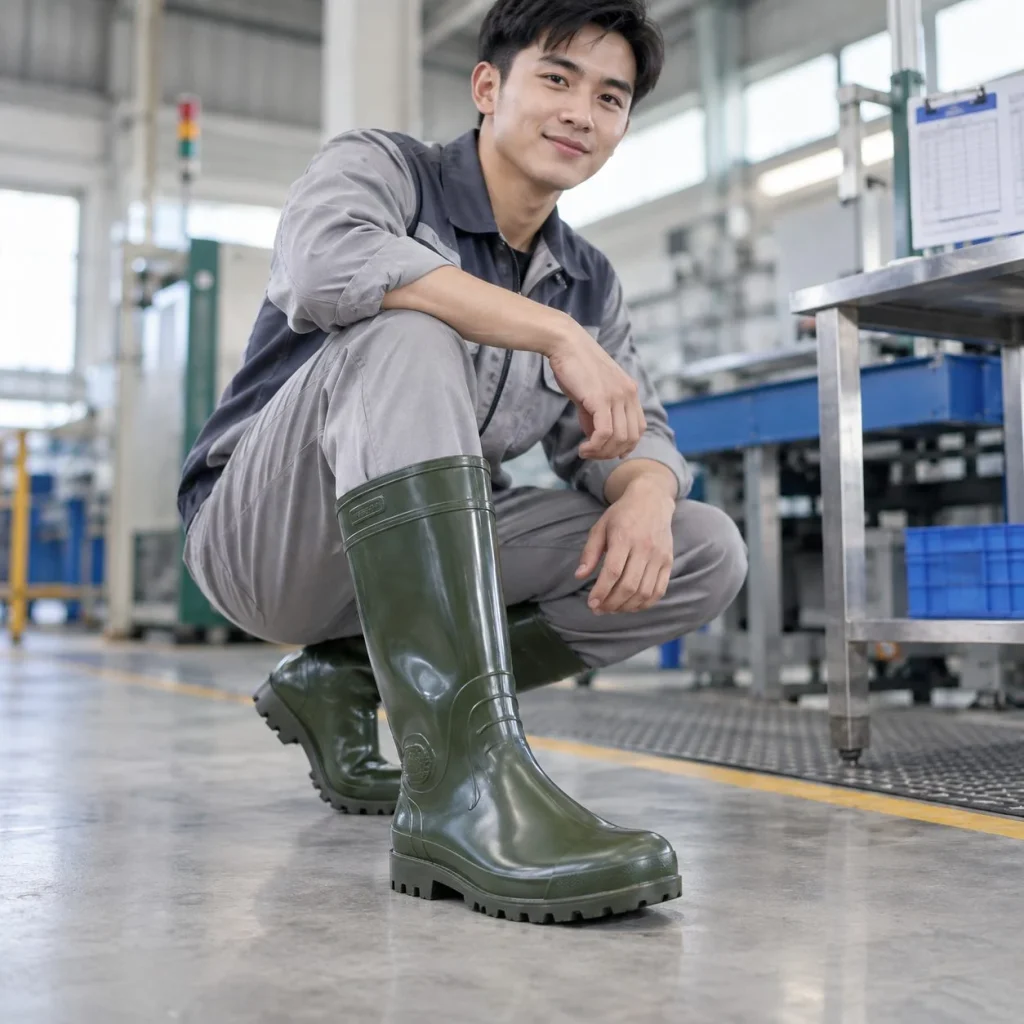 Ủng bảo hộ cổ cao đế rãnh sâu cao su tự nhiên màu xanh rêu chống trượt trên người mẫu Việt Nam