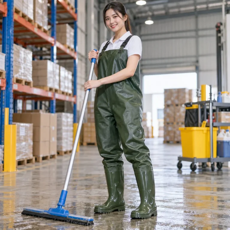 Ủng bảo hộ lội nước thân liền chống thấm cao su tự nhiên màu xanh rêu vệ sinh công nghiệp trên người mẫu Việt Nam