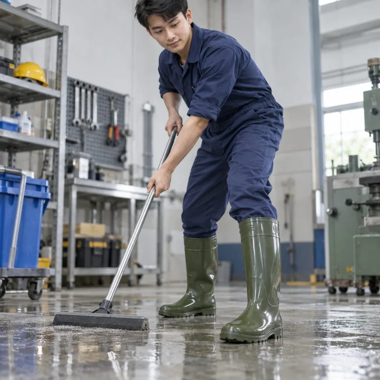 Ủng bảo hộ cổ cao thân liền chống thấm nhựa PVC dẻo màu xanh rêu vệ sinh công nghiệp trên người mẫu Việt Nam