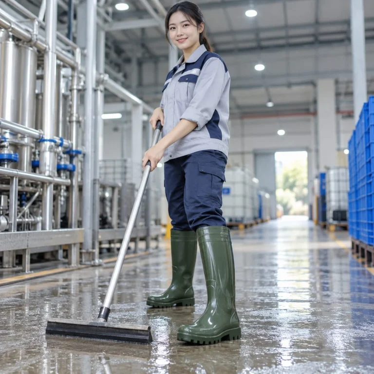 Ủng bảo hộ lội nước đế rãnh sâu nhựa PVC dẻo màu xanh rêu dùng trong môi trường ẩm trên người mẫu Việt Nam