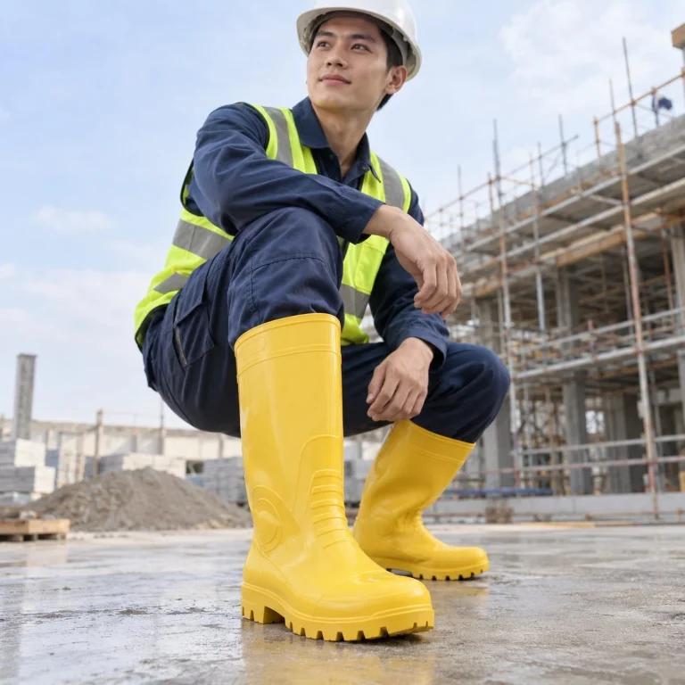 Ủng bảo hộ cổ cao đế rãnh sâu cao su tự nhiên màu vàng chống trượt trên người mẫu Việt Nam