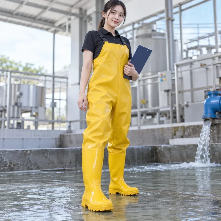 Ủng bảo hộ lội nước thân liền chống thấm cao su tự nhiên màu vàng chống trượt trên người mẫu Việt Nam