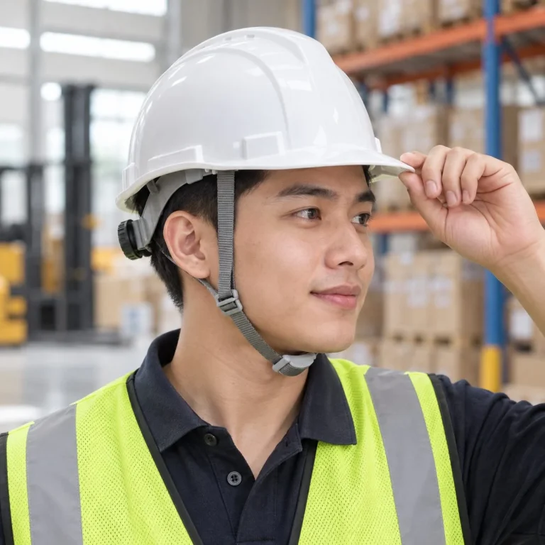 Mũ bảo hộ vành ngắn núm vặn điều chỉnh nhựa ABS màu trắng cho công trường trên người mẫu Việt Nam
