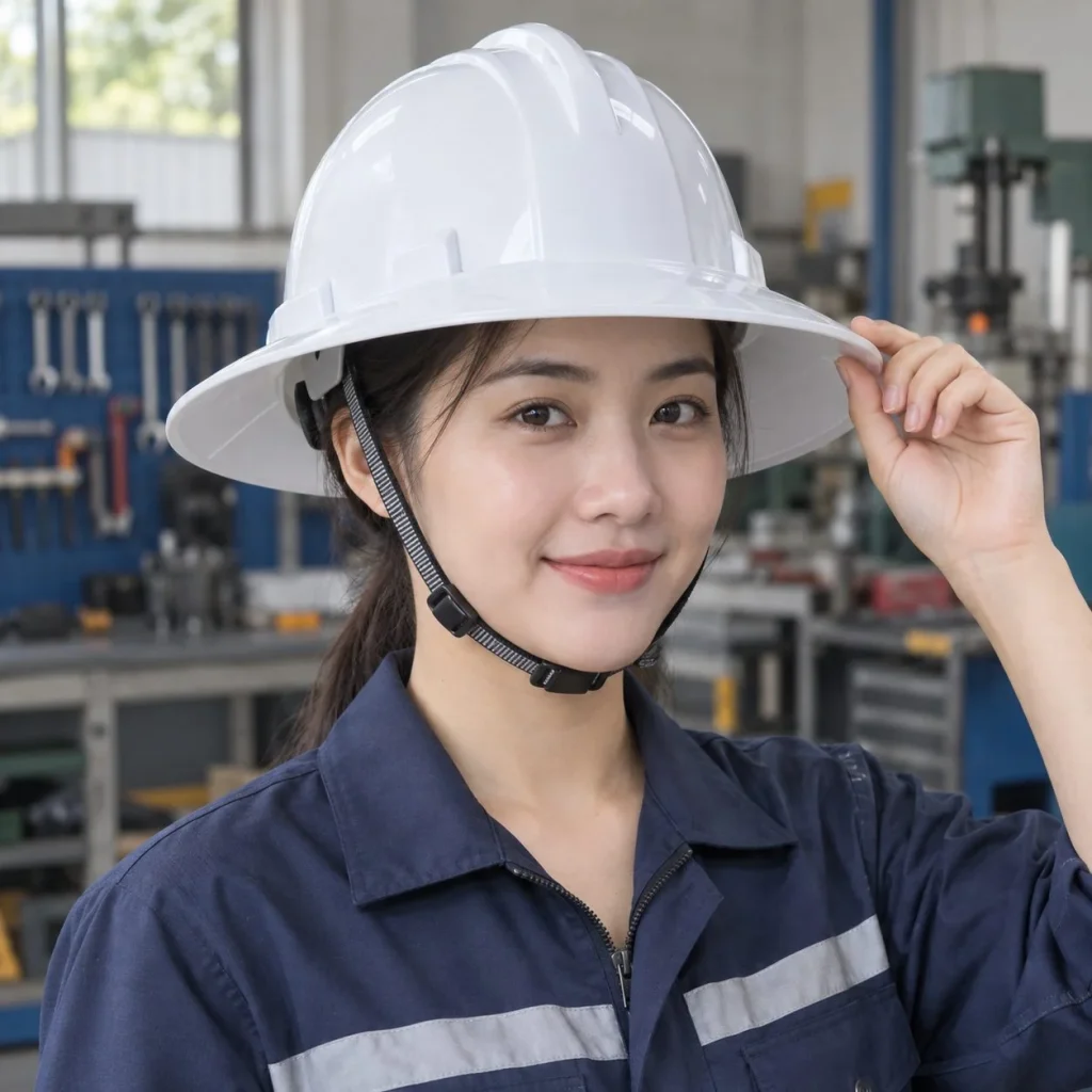 Mũ bảo hộ vành rộng núm vặn điều chỉnh nhựa ABS màu trắng cho nhà máy trên người mẫu Việt Nam