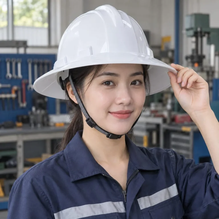 Mũ bảo hộ vành rộng núm vặn điều chỉnh nhựa ABS màu trắng cho nhà máy trên người mẫu Việt Nam