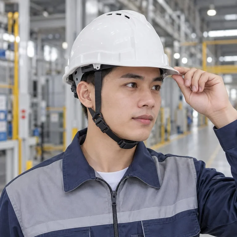 Mũ bảo hộ có khe thoáng khóa gài nhanh nhựa ABS màu trắng làm việc trên cao trên người mẫu Việt Nam