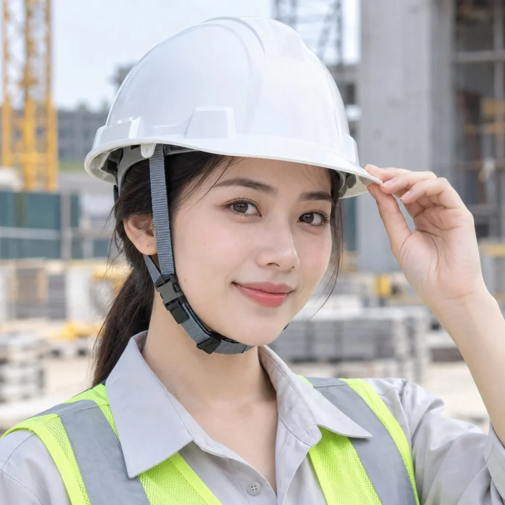 Mũ bảo hộ vành ngắn khóa gài nhanh nhựa HDPE màu trắng cho công trường trên người mẫu Việt Nam