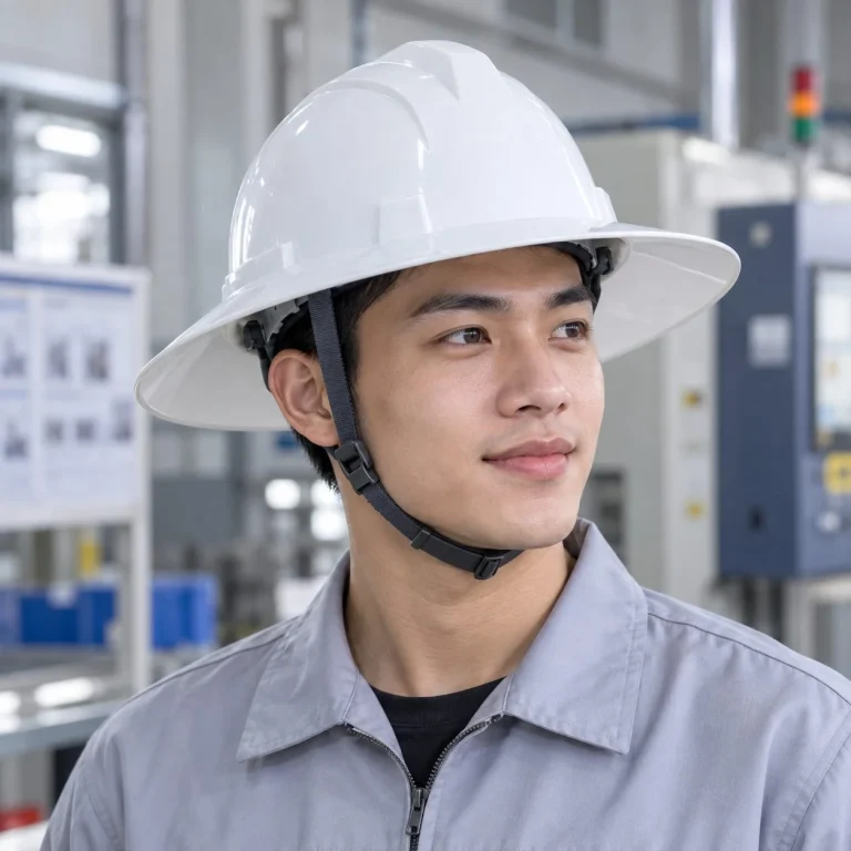 Mũ bảo hộ vành rộng lòng mũ sáu điểm nhựa HDPE màu trắng cho nhà máy trên người mẫu Việt Nam