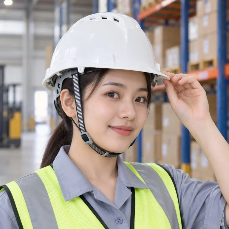 Mũ bảo hộ có khe thoáng lòng mũ sáu điểm nhựa HDPE màu trắng làm việc trên cao trên người mẫu Việt Nam