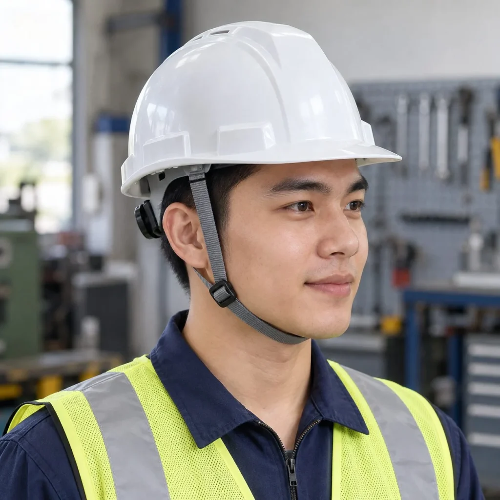 Mũ bảo hộ vành ngắn núm vặn điều chỉnh composite nhẹ màu trắng cho công trường trên người mẫu Việt Nam