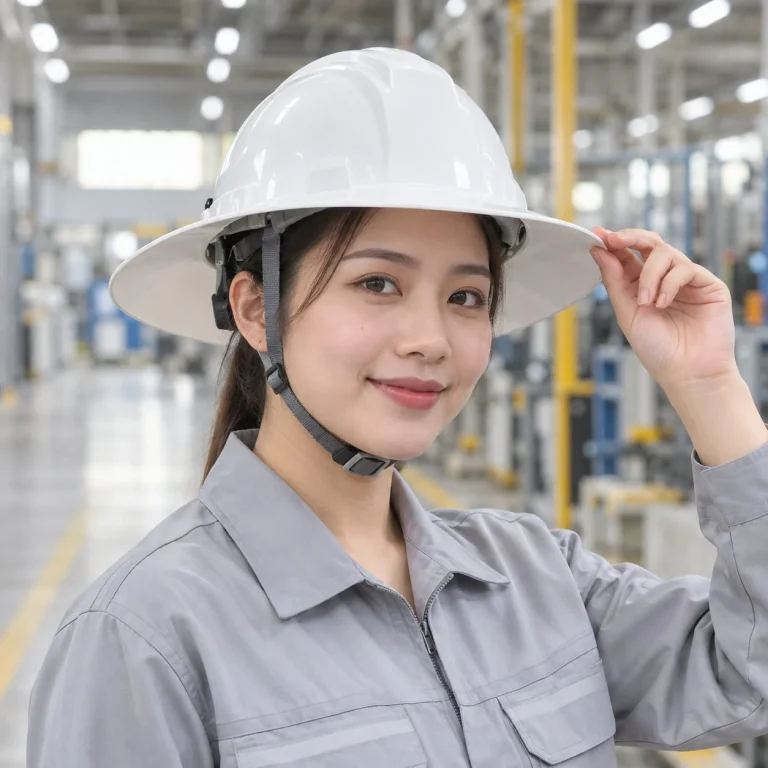 Mũ bảo hộ vành rộng núm vặn điều chỉnh composite nhẹ màu trắng cho nhà máy trên người mẫu Việt Nam