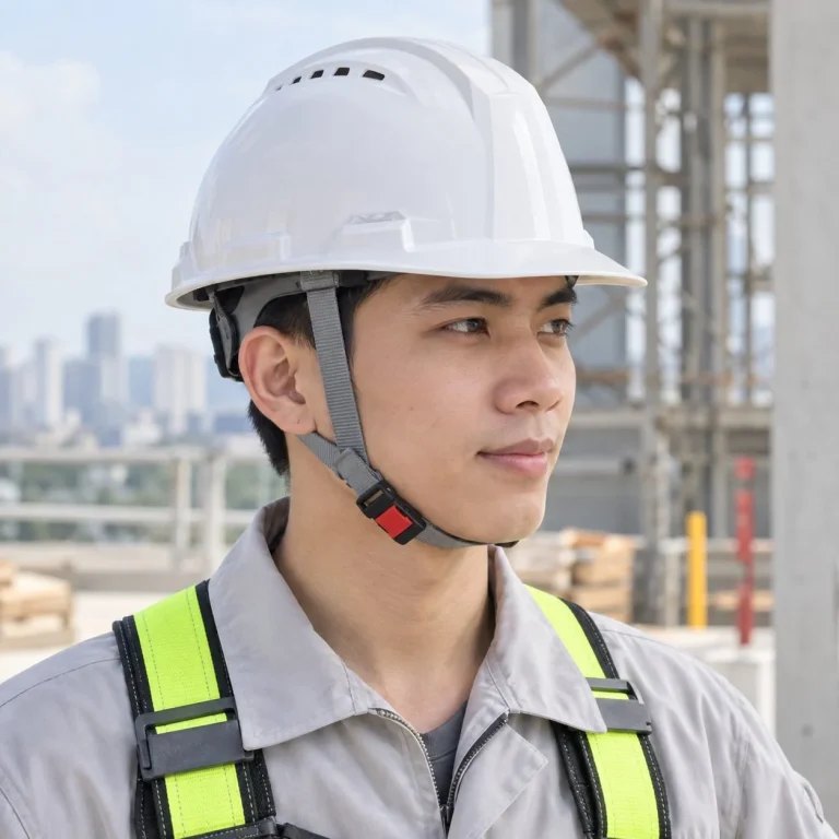 Mũ bảo hộ có khe thoáng khóa gài nhanh composite nhẹ màu trắng làm việc trên cao trên người mẫu Việt Nam