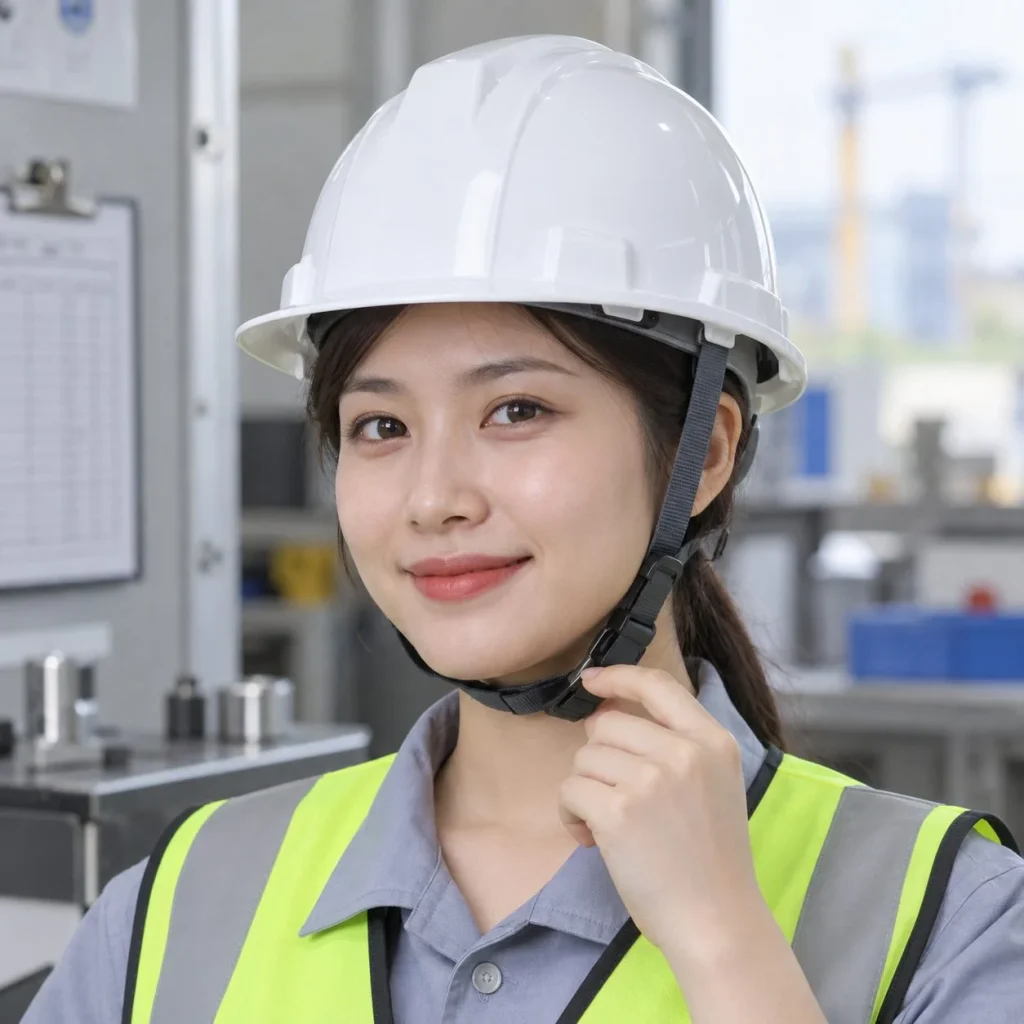 Mũ bảo hộ vành ngắn khóa gài nhanh nhựa cách điện màu trắng cho công trường trên người mẫu Việt Nam