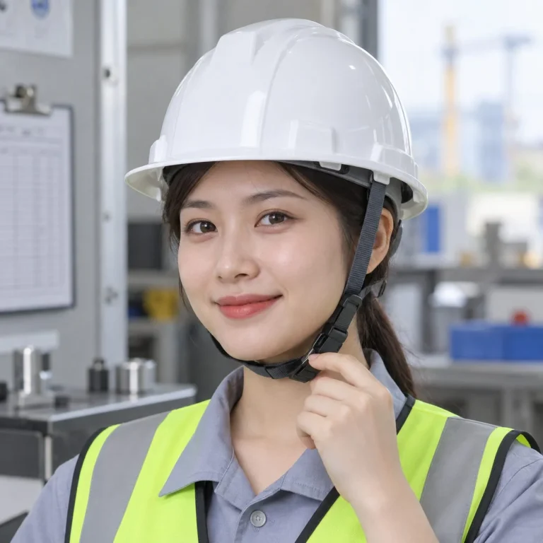Mũ bảo hộ vành ngắn khóa gài nhanh nhựa cách điện màu trắng cho công trường trên người mẫu Việt Nam