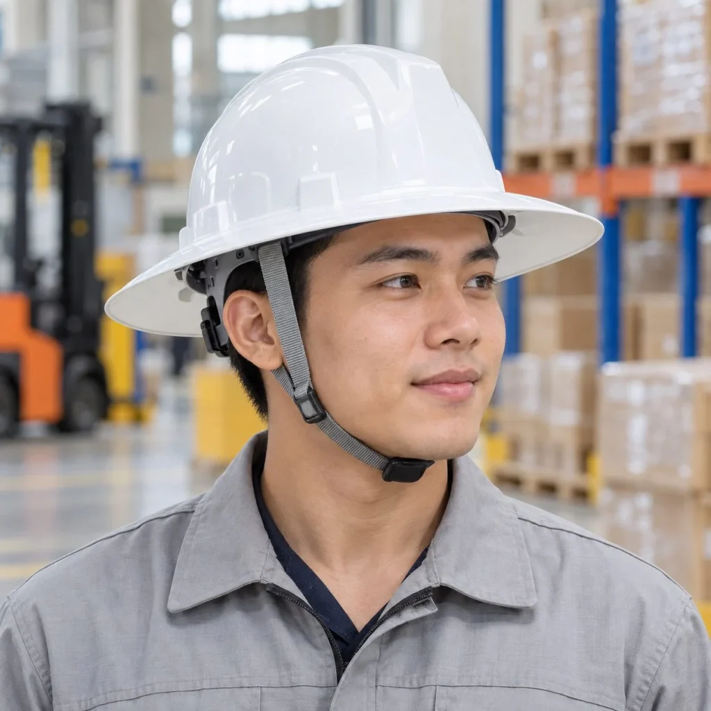 Mũ bảo hộ vành rộng lòng mũ sáu điểm nhựa cách điện màu trắng cho nhà máy trên người mẫu Việt Nam