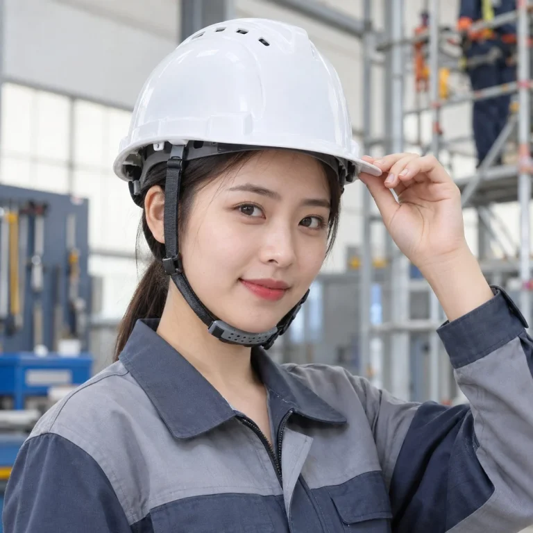 Mũ bảo hộ có khe thoáng lòng mũ sáu điểm nhựa cách điện màu trắng làm việc trên cao trên người mẫu Việt Nam