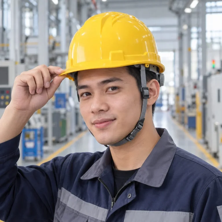Mũ bảo hộ vành ngắn núm vặn điều chỉnh nhựa ABS màu vàng cho công trường trên người mẫu Việt Nam
