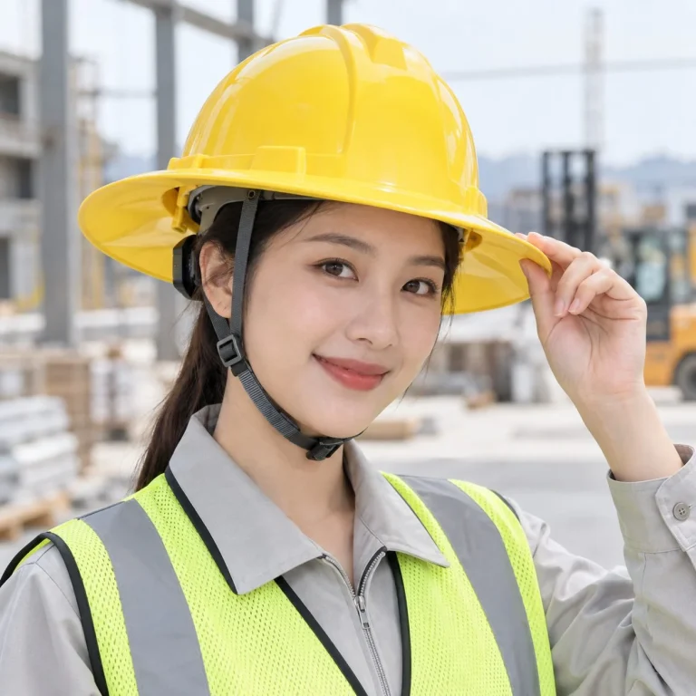 Mũ bảo hộ vành rộng núm vặn điều chỉnh nhựa ABS màu vàng cho nhà máy trên người mẫu Việt Nam