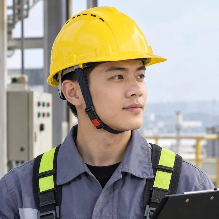 Mũ bảo hộ có khe thoáng khóa gài nhanh nhựa ABS màu vàng làm việc trên cao trên người mẫu Việt Nam