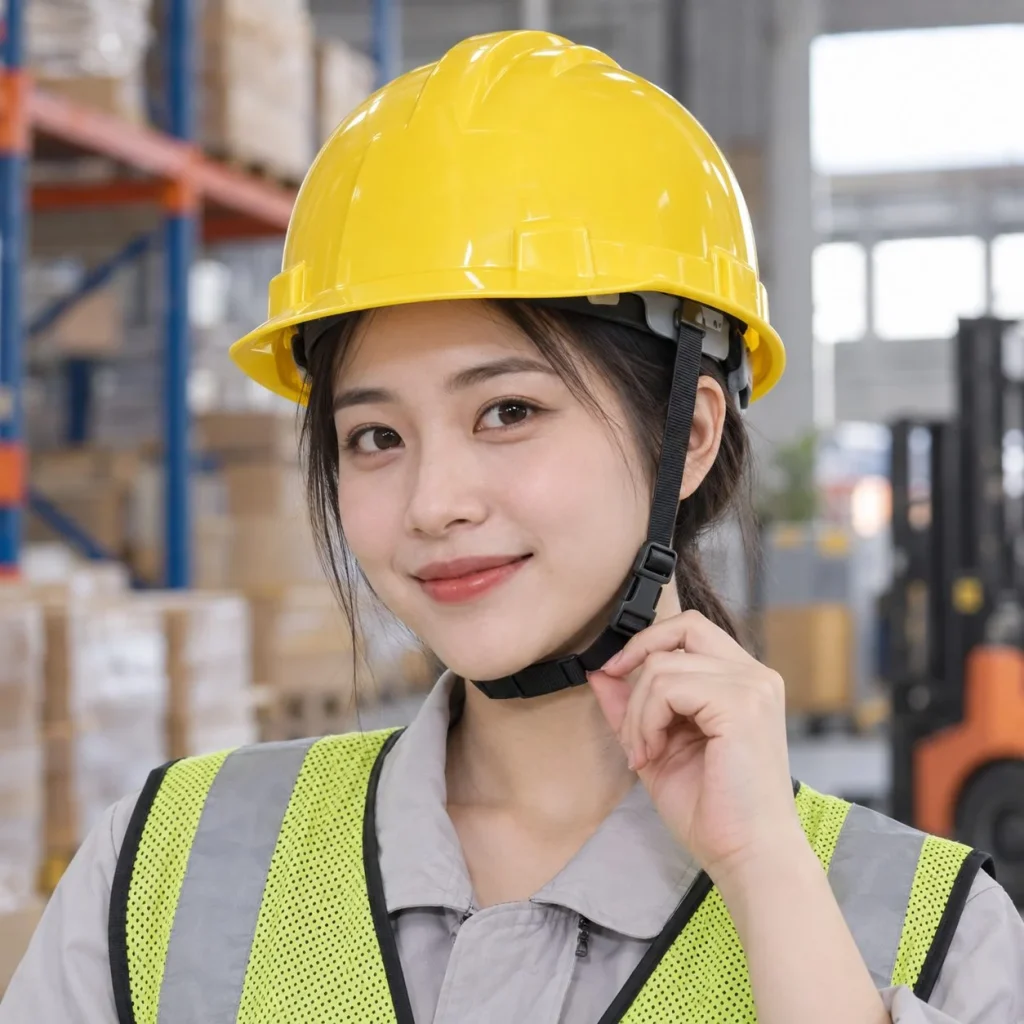 Mũ bảo hộ vành ngắn khóa gài nhanh nhựa HDPE màu vàng cho công trường trên người mẫu Việt Nam