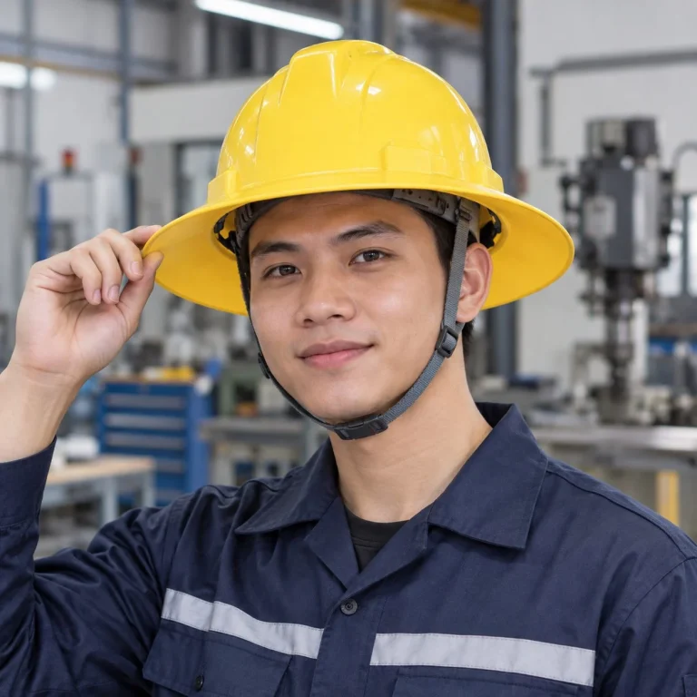 Mũ bảo hộ vành rộng lòng mũ sáu điểm nhựa HDPE màu vàng cho nhà máy trên người mẫu Việt Nam