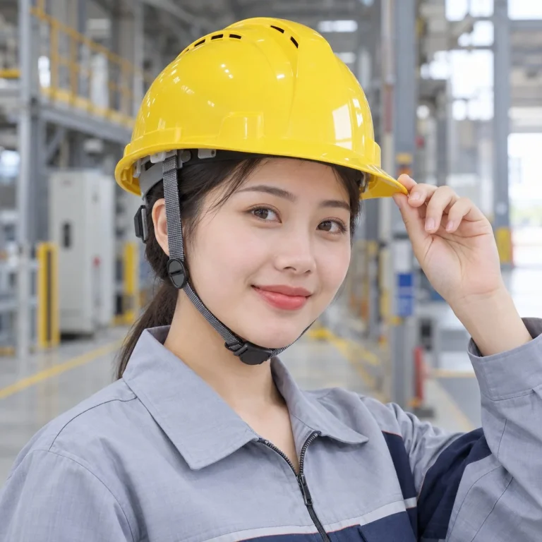 Mũ bảo hộ có khe thoáng lòng mũ sáu điểm nhựa HDPE màu vàng làm việc trên cao trên người mẫu Việt Nam