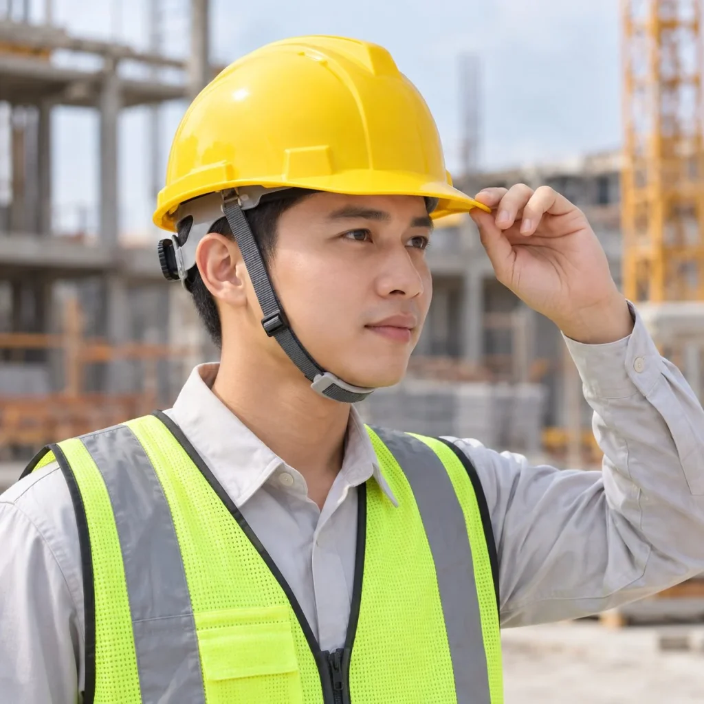 Mũ bảo hộ vành ngắn núm vặn điều chỉnh composite nhẹ màu vàng cho công trường trên người mẫu Việt Nam