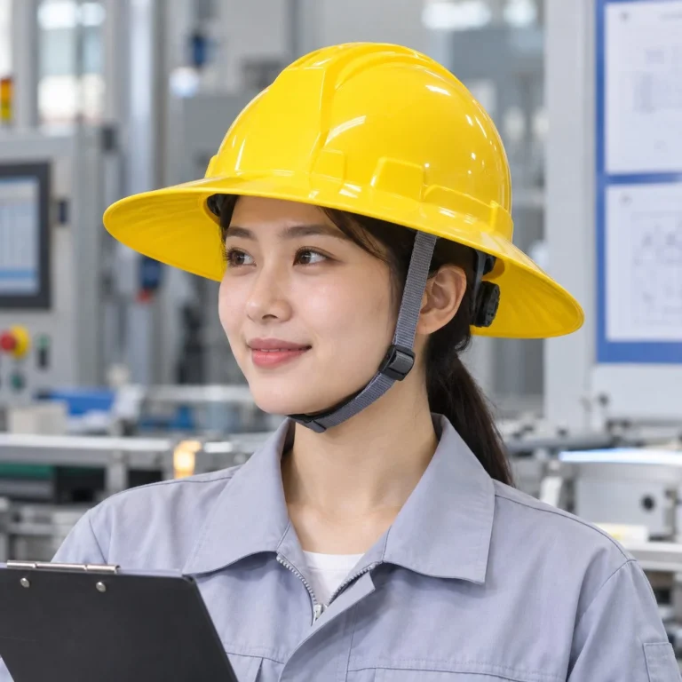 Mũ bảo hộ vành rộng núm vặn điều chỉnh composite nhẹ màu vàng cho nhà máy trên người mẫu Việt Nam