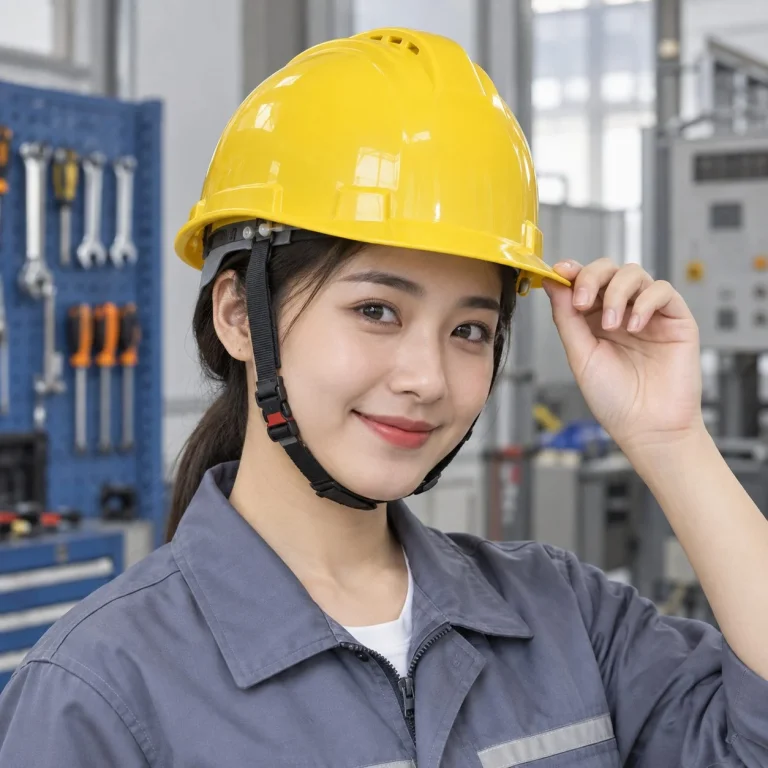 Mũ bảo hộ vành ngắn khóa gài nhanh nhựa cách điện màu vàng cho công trường trên người mẫu Việt Nam
